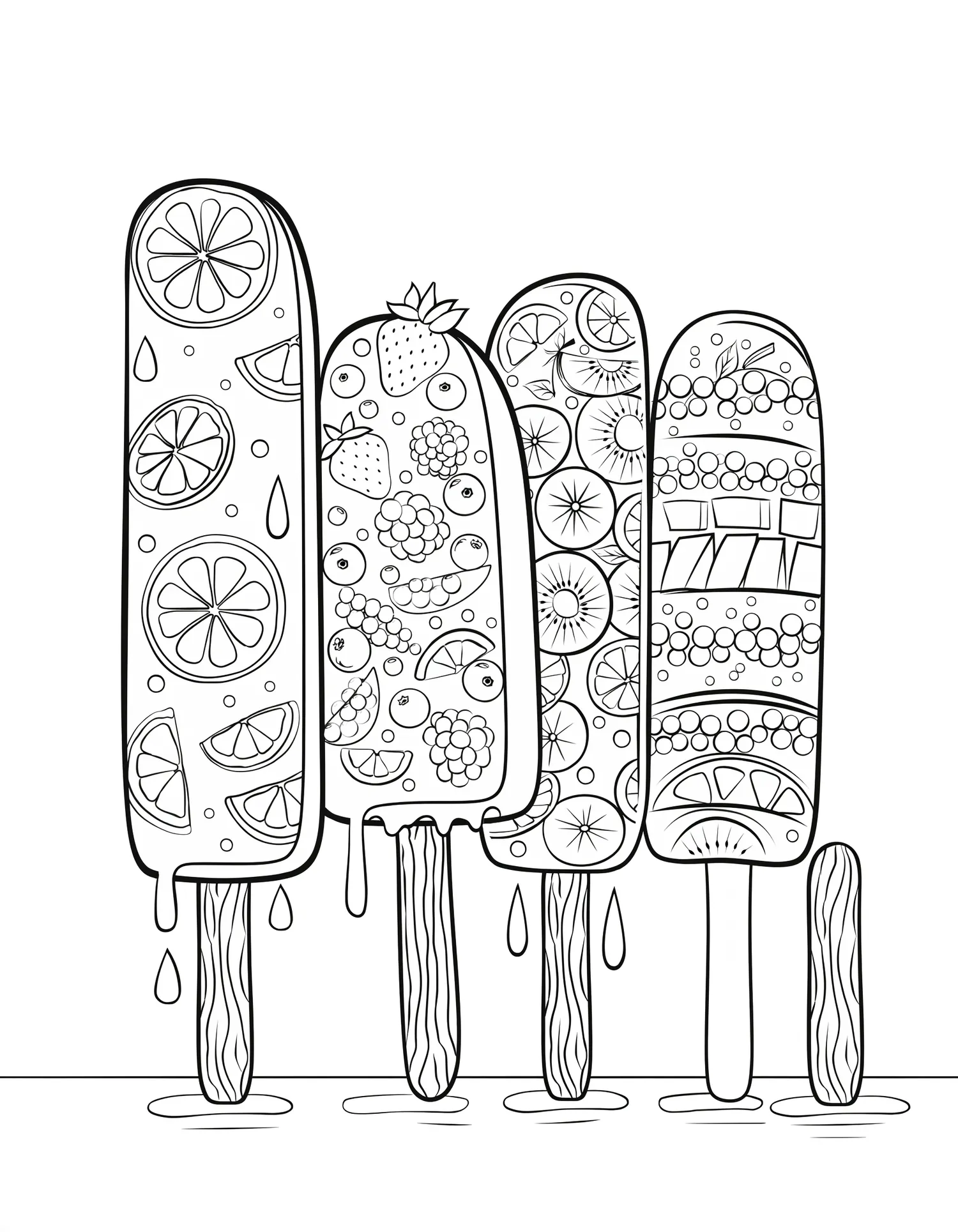 Popsicle Fruités en Rangée, Coloriage pâtisserie à imprimer gratuitement